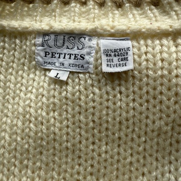 Russ Petites Acrylic Knit Cardigan Sweater Embroidered Ivory Button Front L - Picture 4 of 6